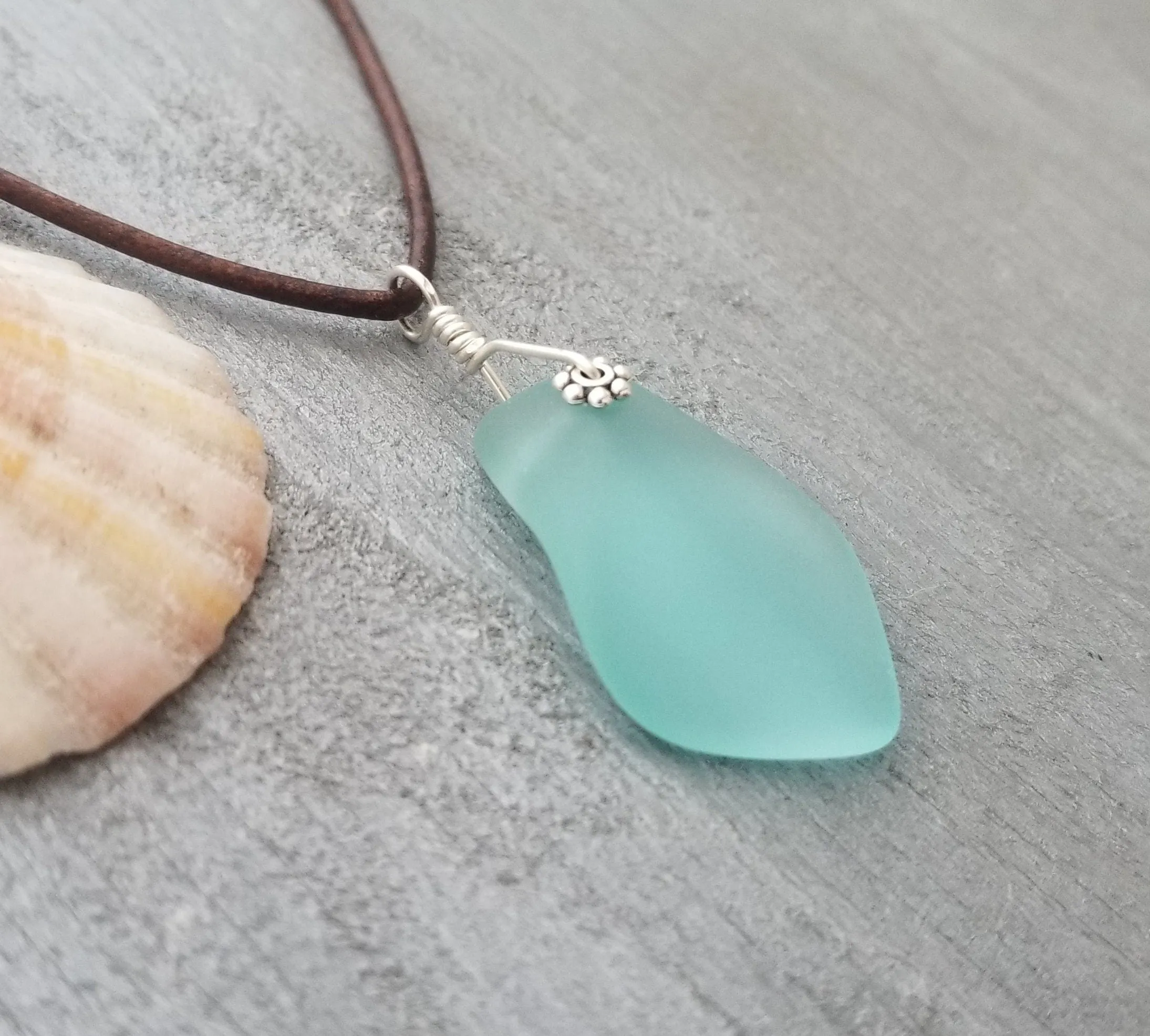 Hawaiian Jewelry Sea Glass Necklace, Aquamarine Necklace, Leather Cord Necklace, Sea Glass Jewelry, Unisex Jewelry(March Birthstone Jewelry)