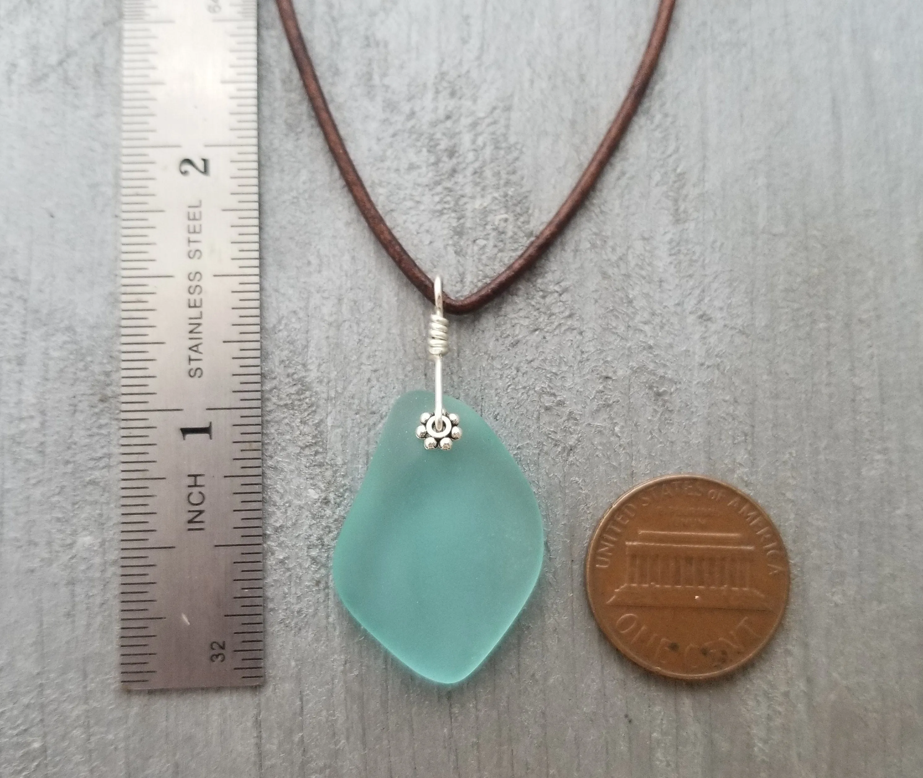 Hawaiian Jewelry Sea Glass Necklace, Aquamarine Necklace, Leather Cord Necklace, Sea Glass Jewelry, Unisex Jewelry(March Birthstone Jewelry)