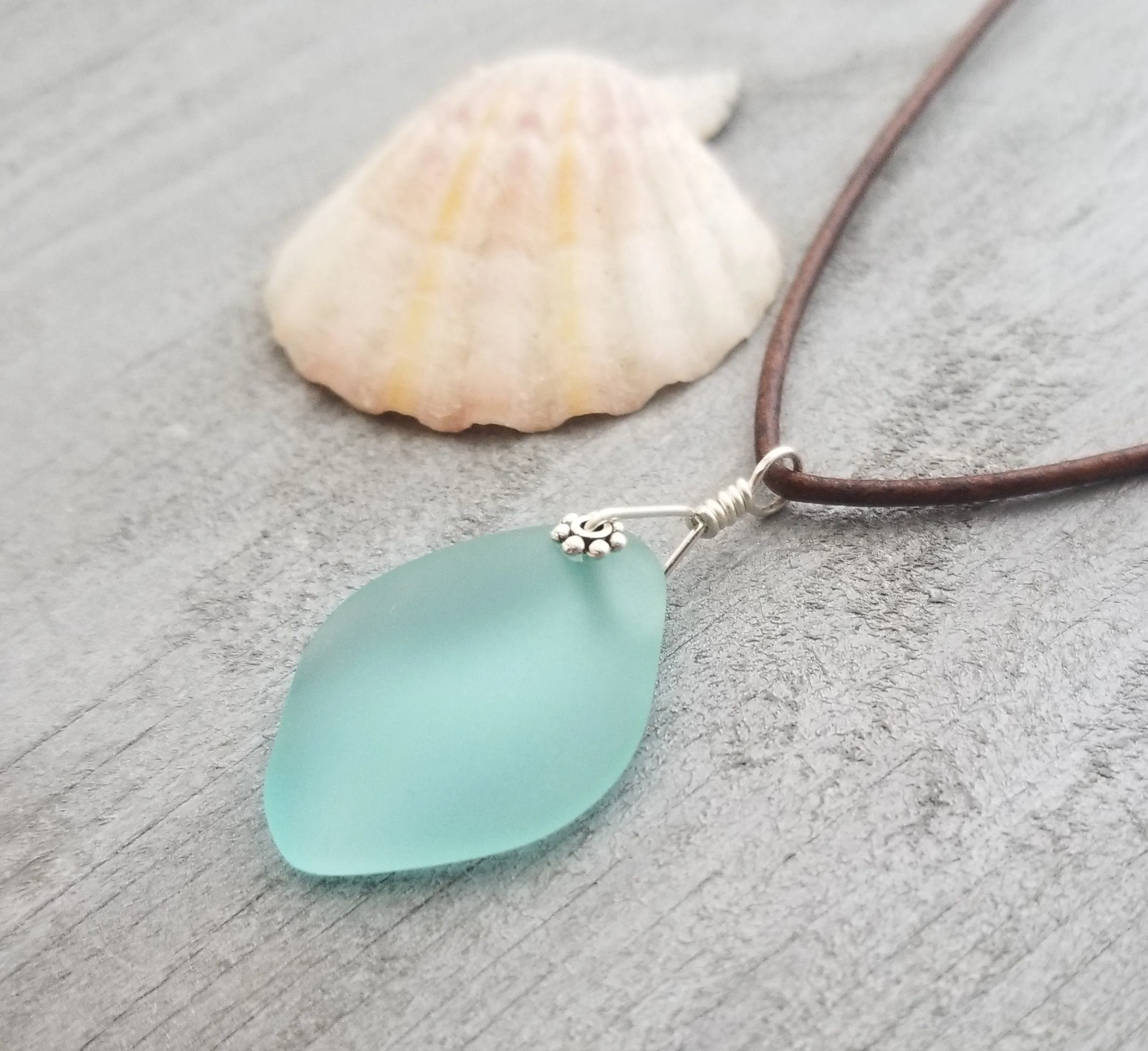 Hawaiian Jewelry Sea Glass Necklace, Aquamarine Necklace, Leather Cord Necklace, Sea Glass Jewelry, Unisex Jewelry(March Birthstone Jewelry)
