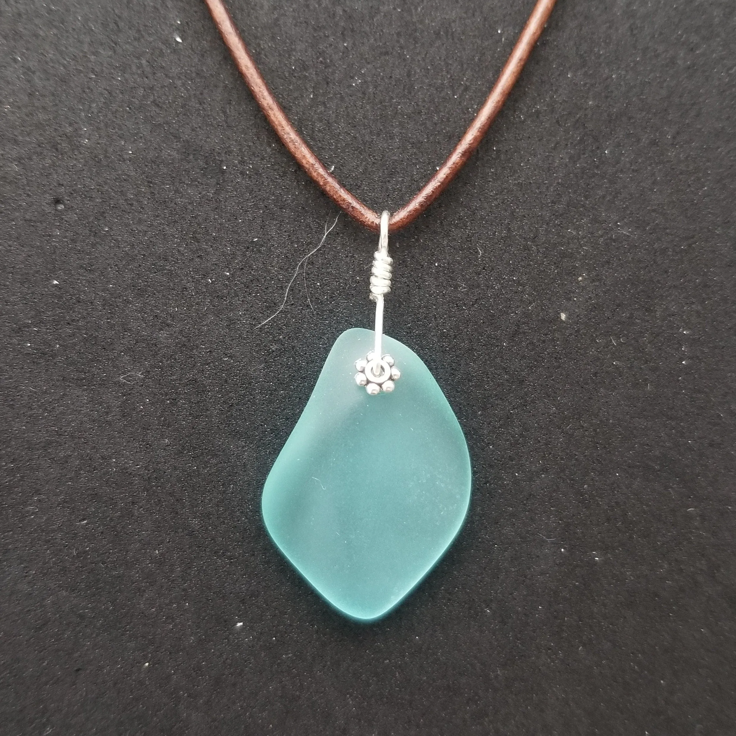 Hawaiian Jewelry Sea Glass Necklace, Aquamarine Necklace, Leather Cord Necklace, Sea Glass Jewelry, Unisex Jewelry(March Birthstone Jewelry)