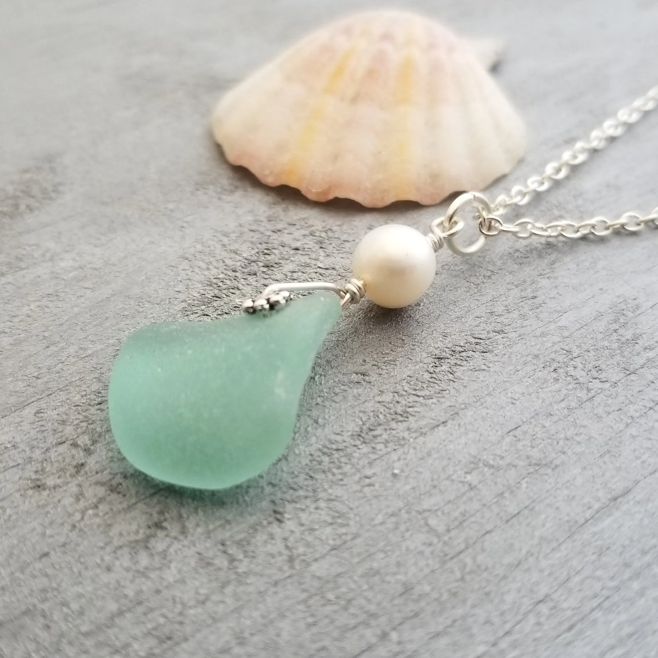 Hawaiian Jewelry Sea Glass Necklace, Aquamarine Necklace Pearl Necklace, Genuine Surf Tumbled Sea Glass Jewelry (March Birthstone Jewelry)