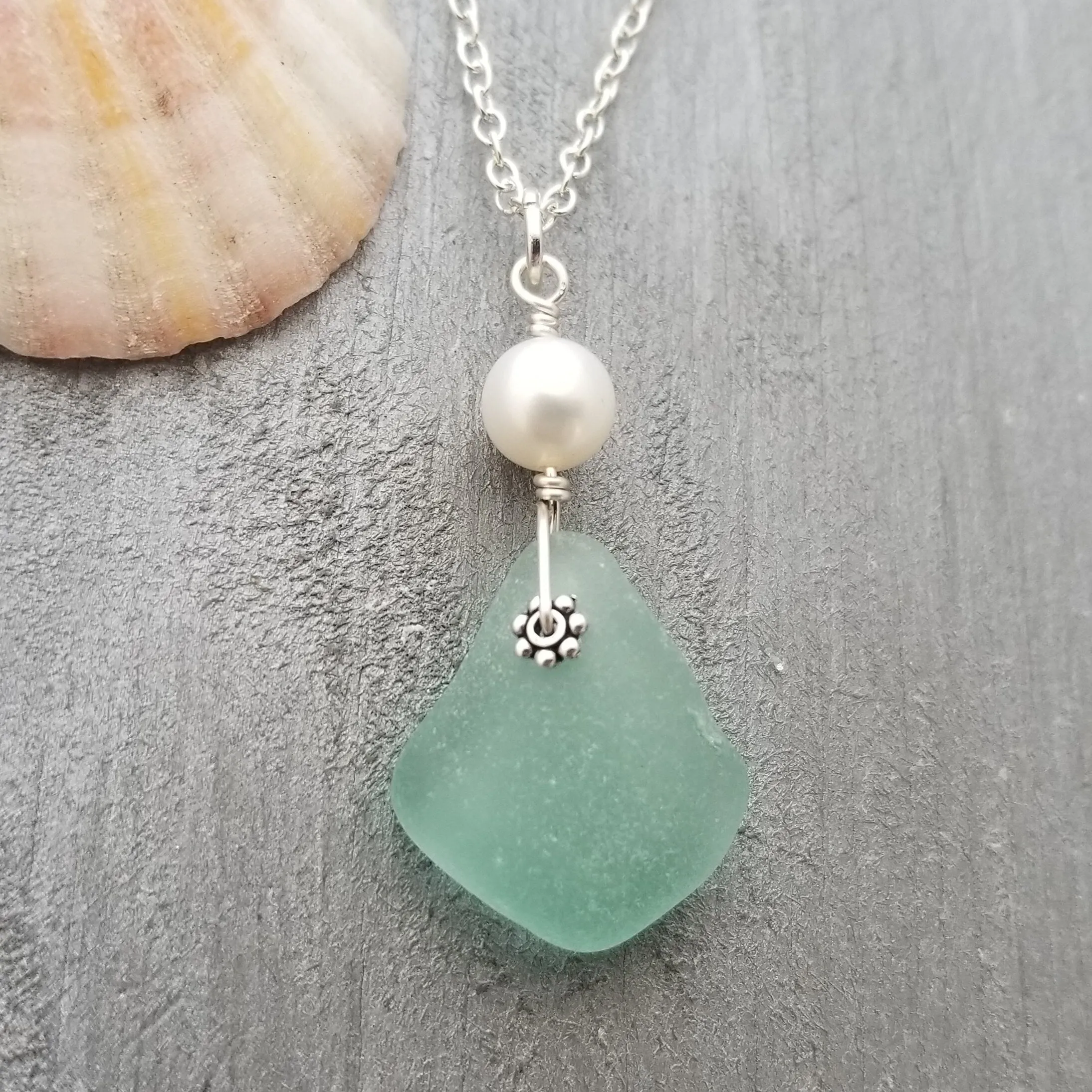 Hawaiian Jewelry Sea Glass Necklace, Aquamarine Necklace Pearl Necklace, Genuine Surf Tumbled Sea Glass Jewelry (March Birthstone Jewelry)