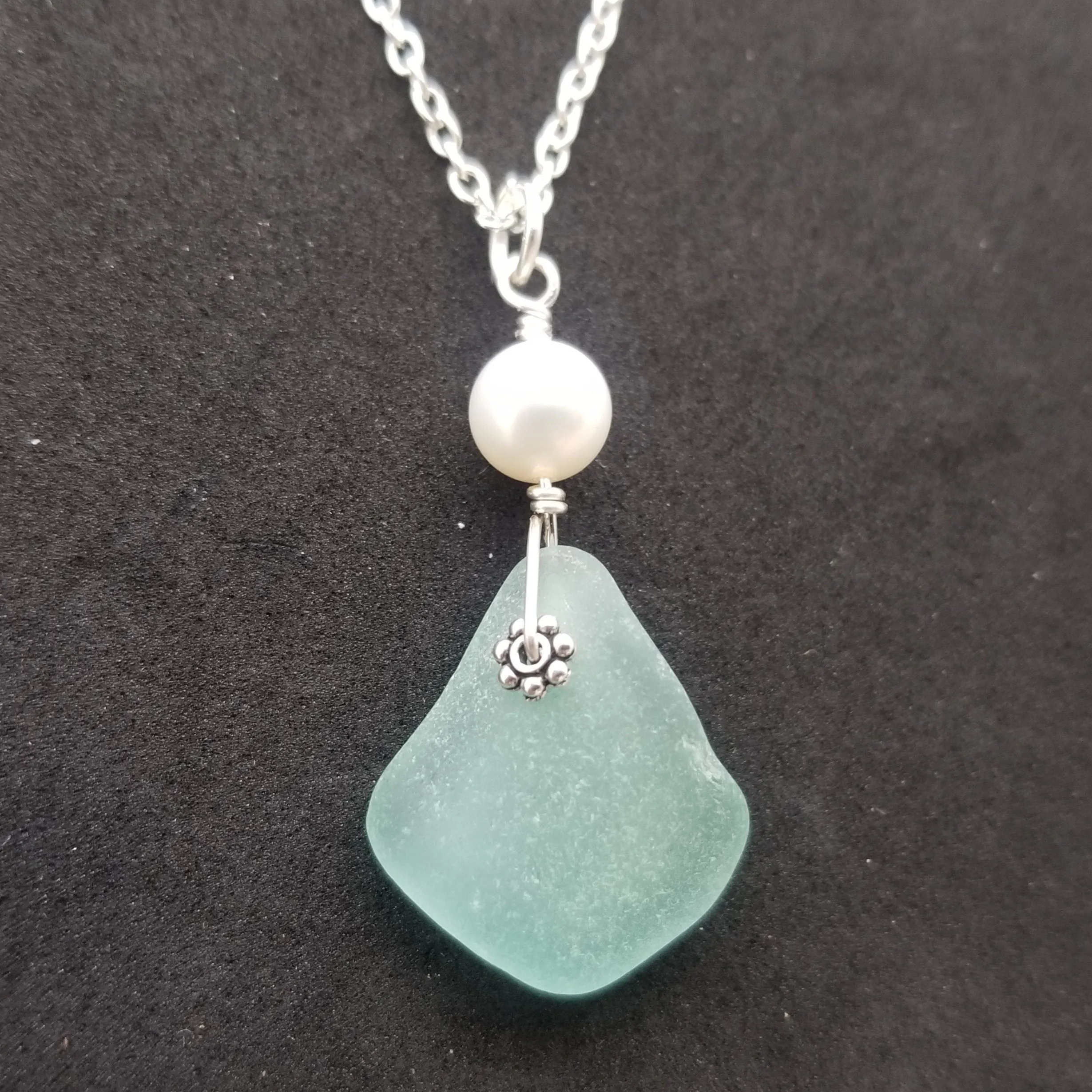 Hawaiian Jewelry Sea Glass Necklace, Aquamarine Necklace Pearl Necklace, Genuine Surf Tumbled Sea Glass Jewelry (March Birthstone Jewelry)