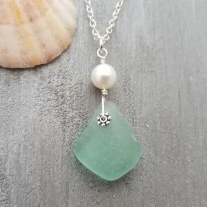 Hawaiian Jewelry Sea Glass Necklace, Aquamarine Necklace Pearl Necklace, Genuine Surf Tumbled Sea Glass Jewelry (March Birthstone Jewelry)