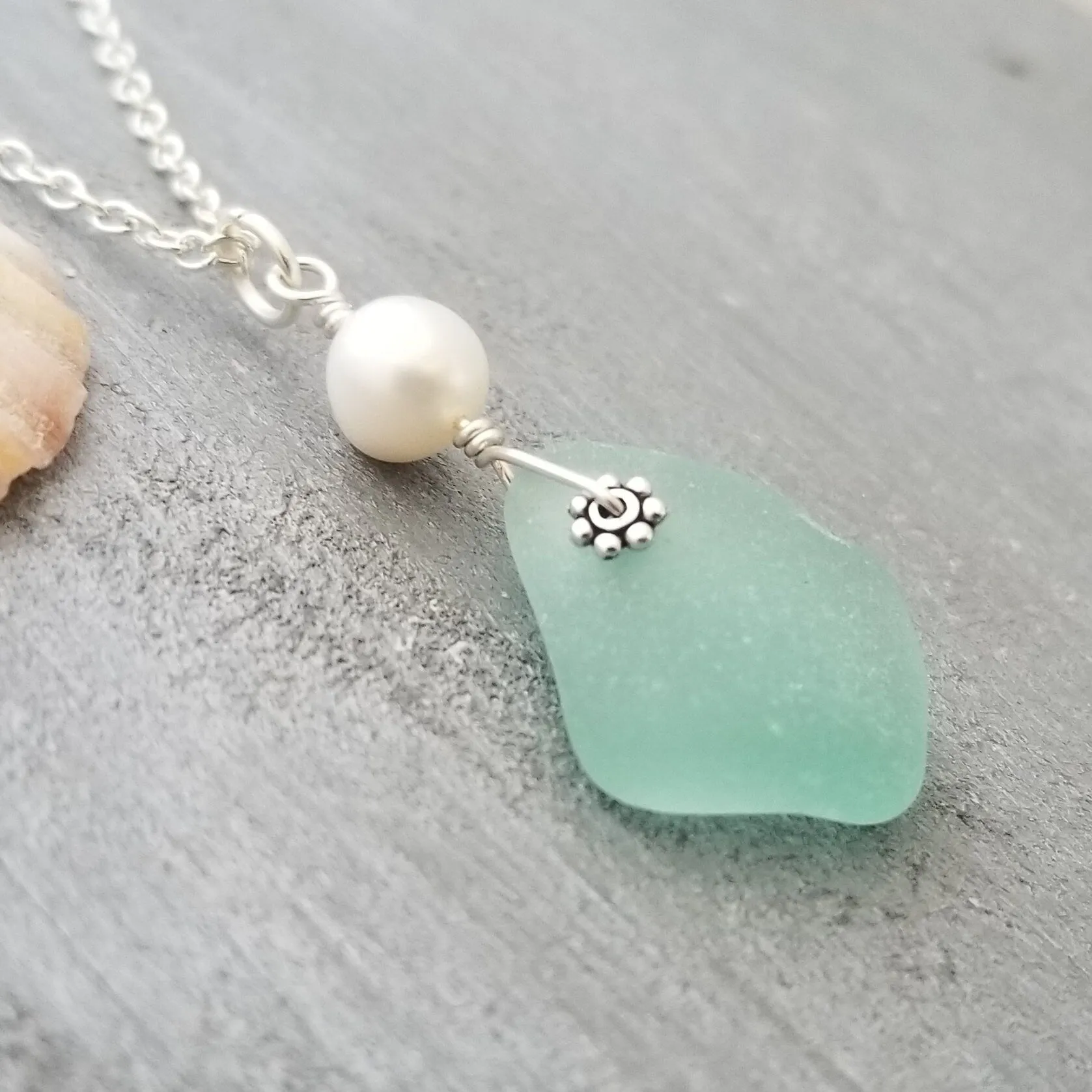 Hawaiian Jewelry Sea Glass Necklace, Aquamarine Necklace Pearl Necklace, Genuine Surf Tumbled Sea Glass Jewelry (March Birthstone Jewelry)