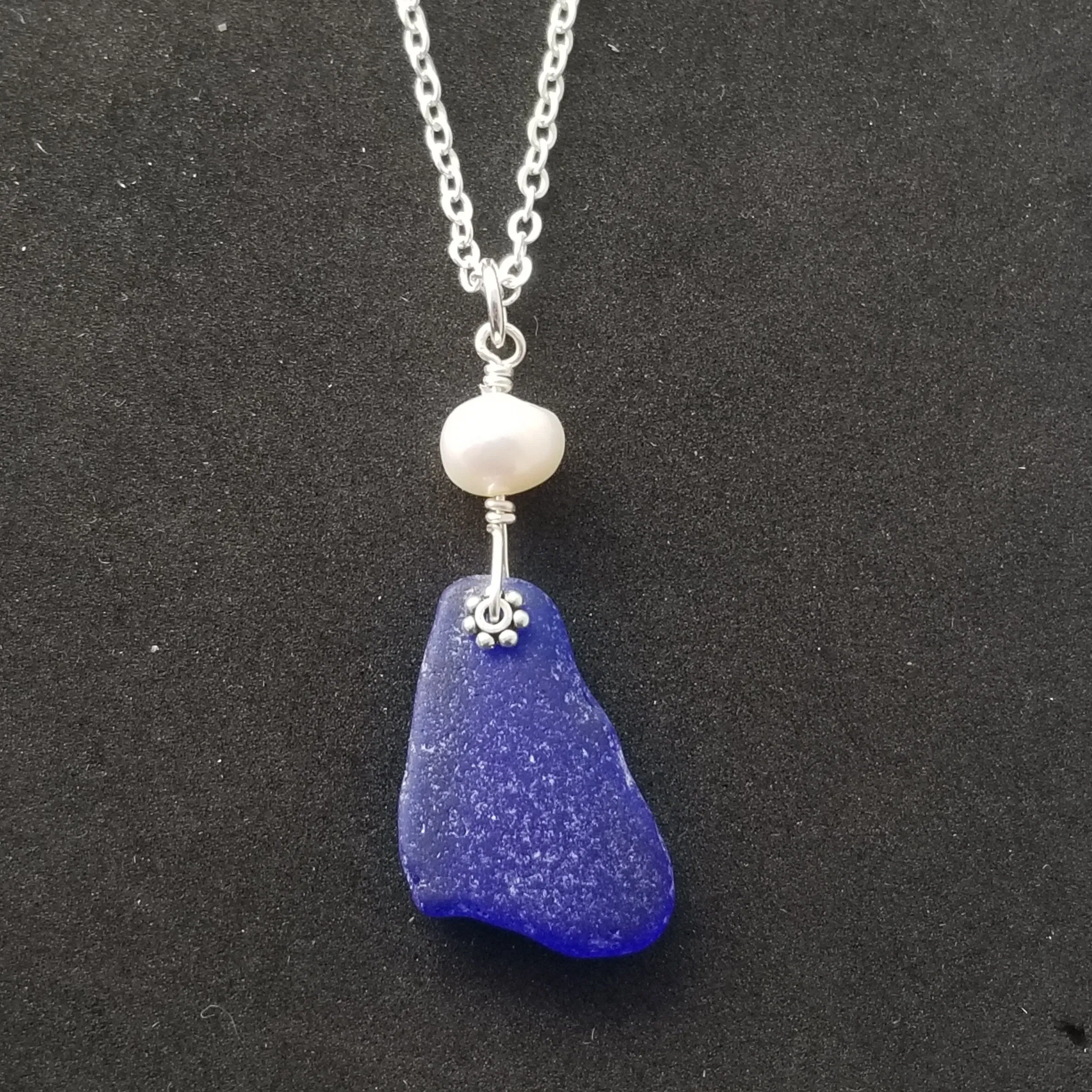 Hawaiian Jewelry Sea Glass Necklace, Cobalt Necklace Natural Pearl Necklace, Genuine Surf Tumbled Sea Glass Jewelry