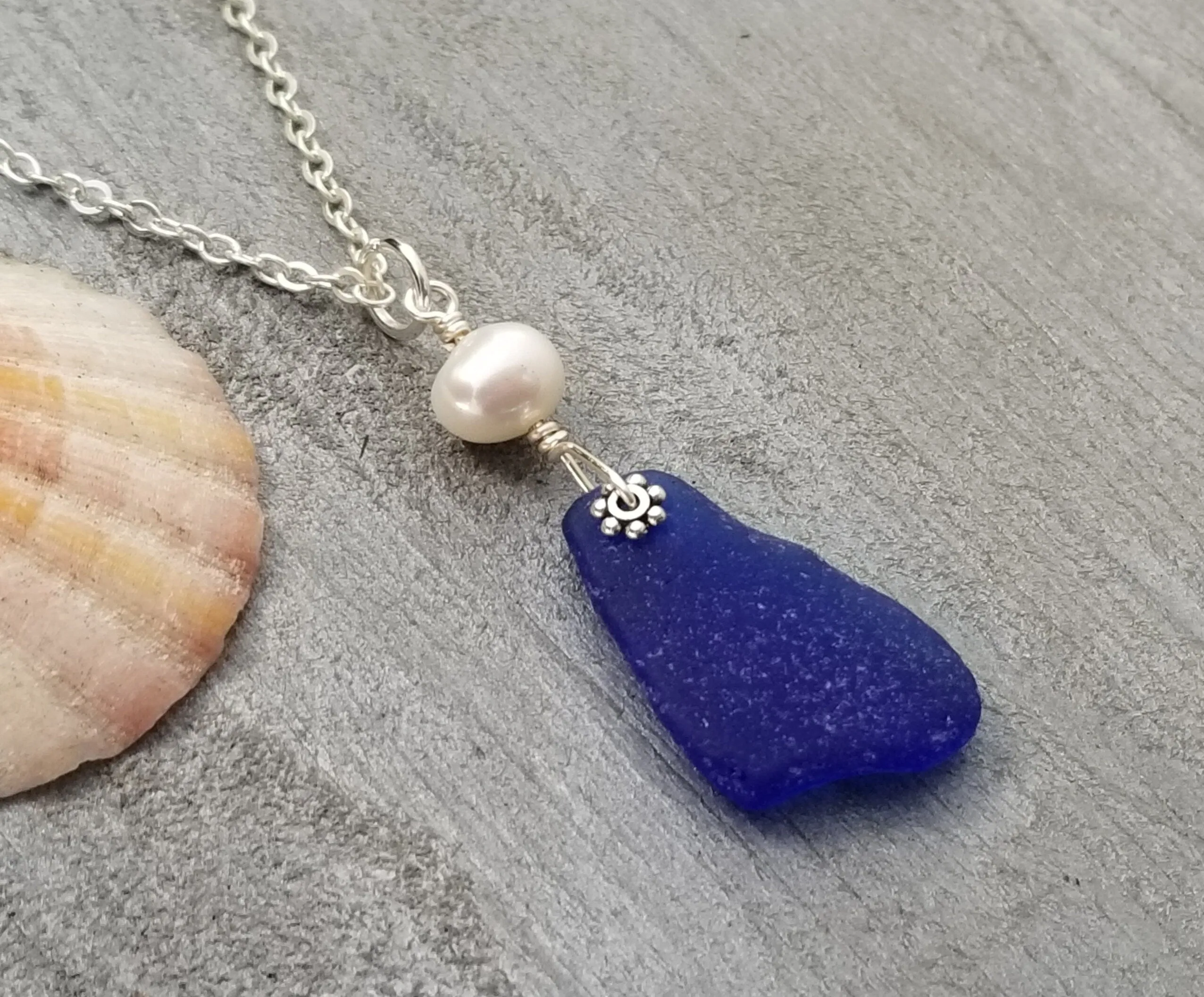 Hawaiian Jewelry Sea Glass Necklace, Cobalt Necklace Natural Pearl Necklace, Genuine Surf Tumbled Sea Glass Jewelry