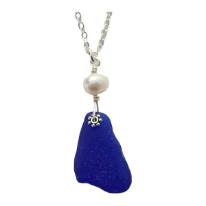 Hawaiian Jewelry Sea Glass Necklace, Cobalt Necklace Natural Pearl Necklace, Genuine Surf Tumbled Sea Glass Jewelry
