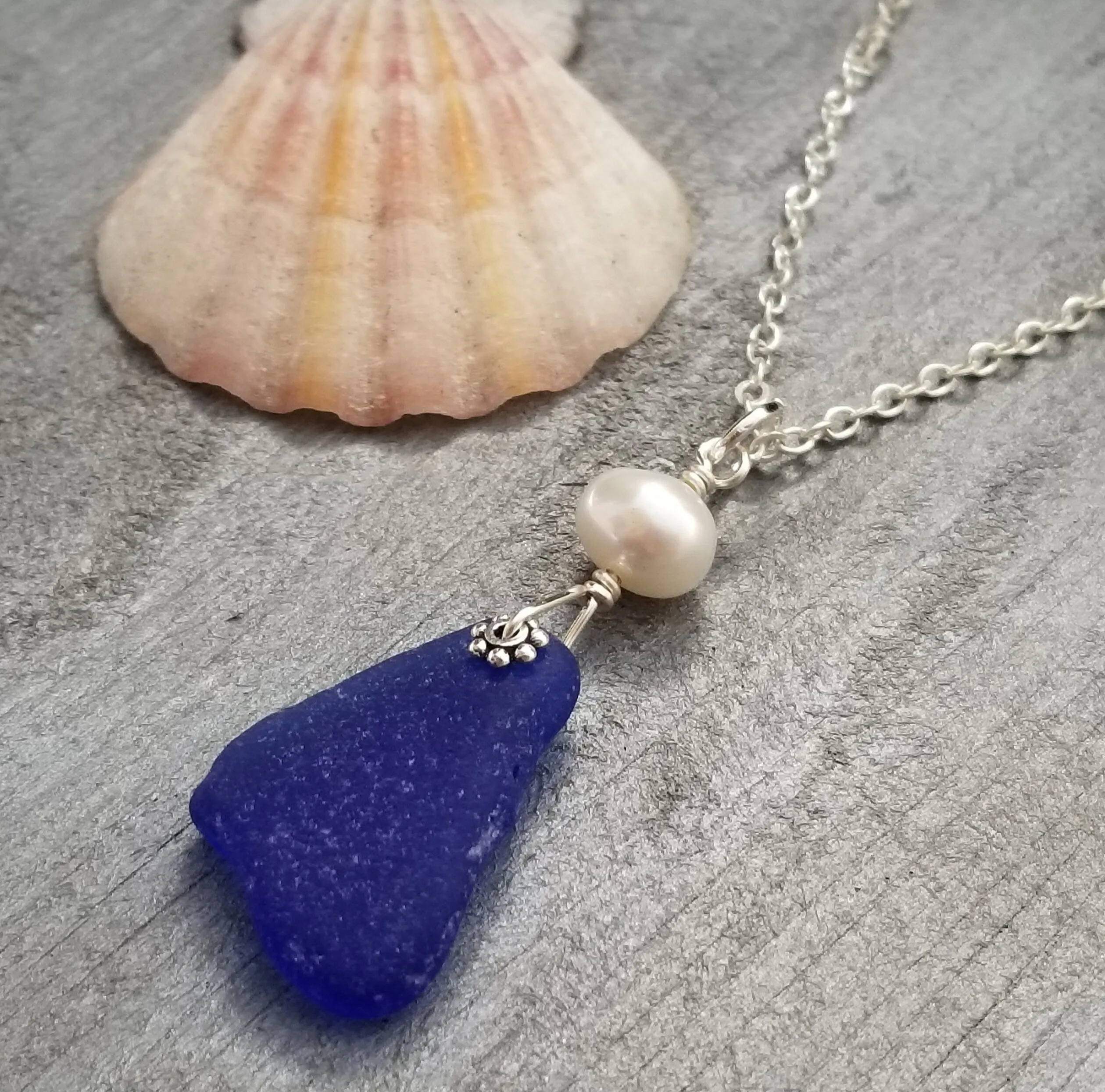 Hawaiian Jewelry Sea Glass Necklace, Cobalt Necklace Natural Pearl Necklace, Genuine Surf Tumbled Sea Glass Jewelry