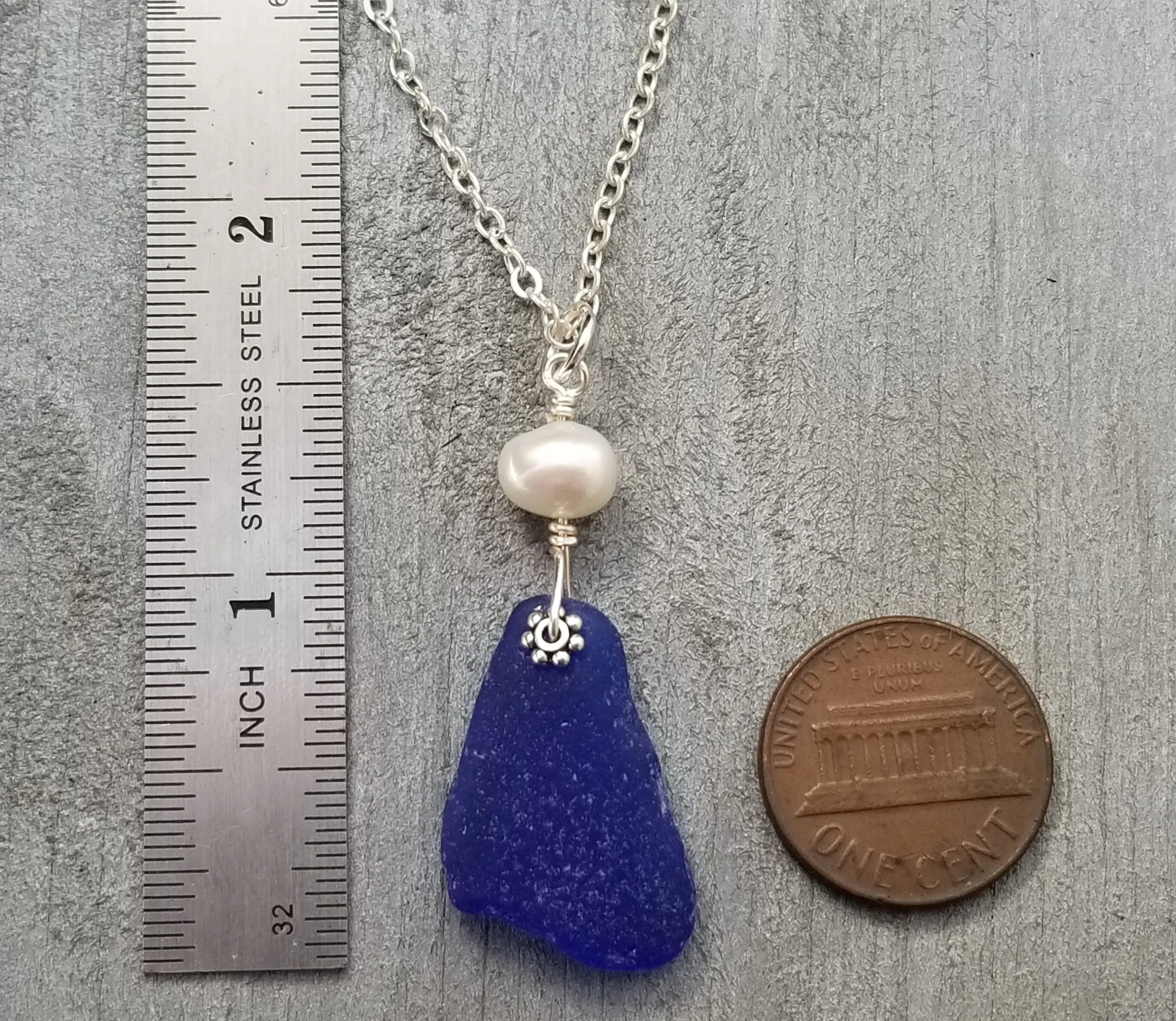 Hawaiian Jewelry Sea Glass Necklace, Cobalt Necklace Natural Pearl Necklace, Genuine Surf Tumbled Sea Glass Jewelry