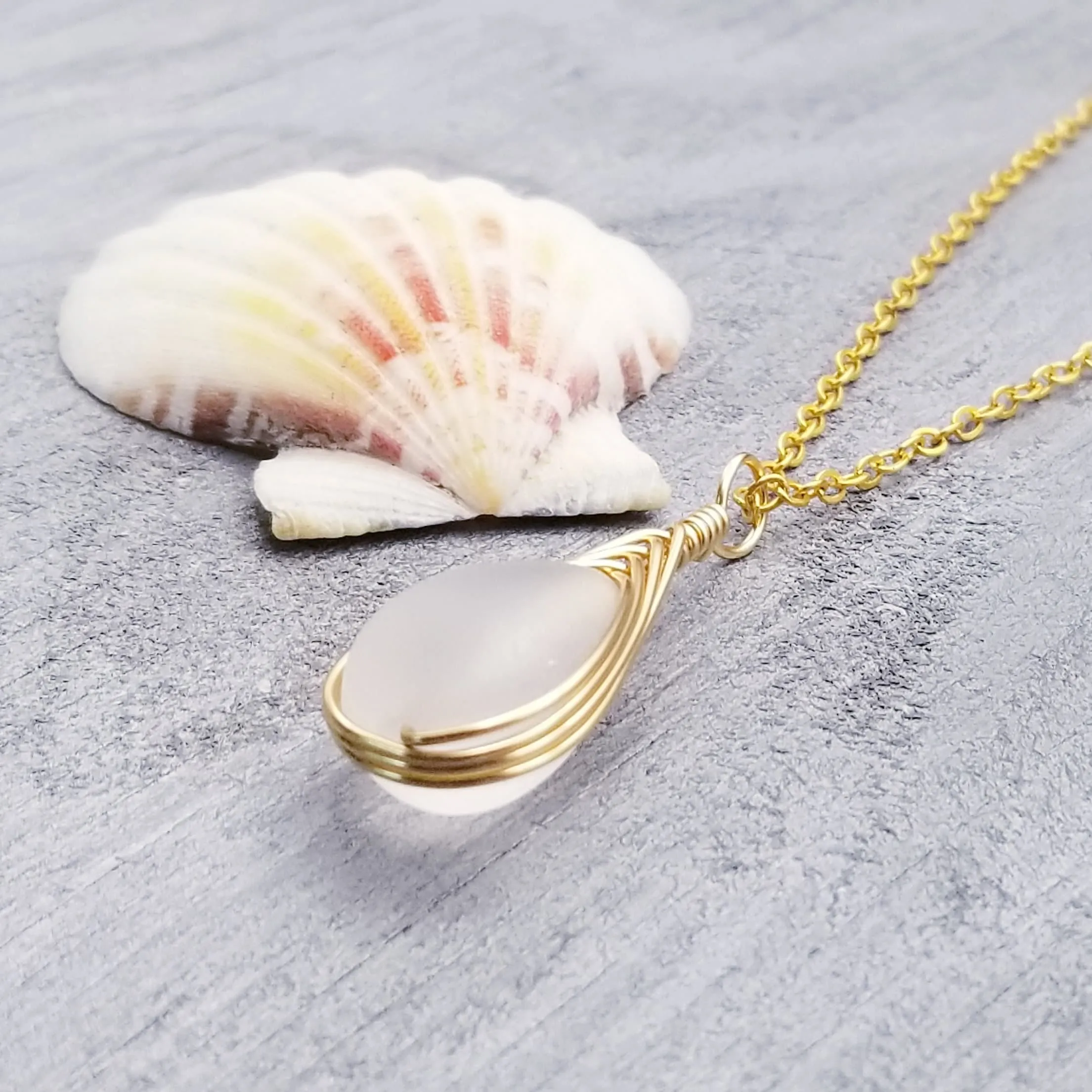 Hawaiian Jewelry Sea Glass Necklace, Gold Braided Crystal Clear Necklace, Beach Jewelry Birthday Gift (April Birthstone Jewelry)