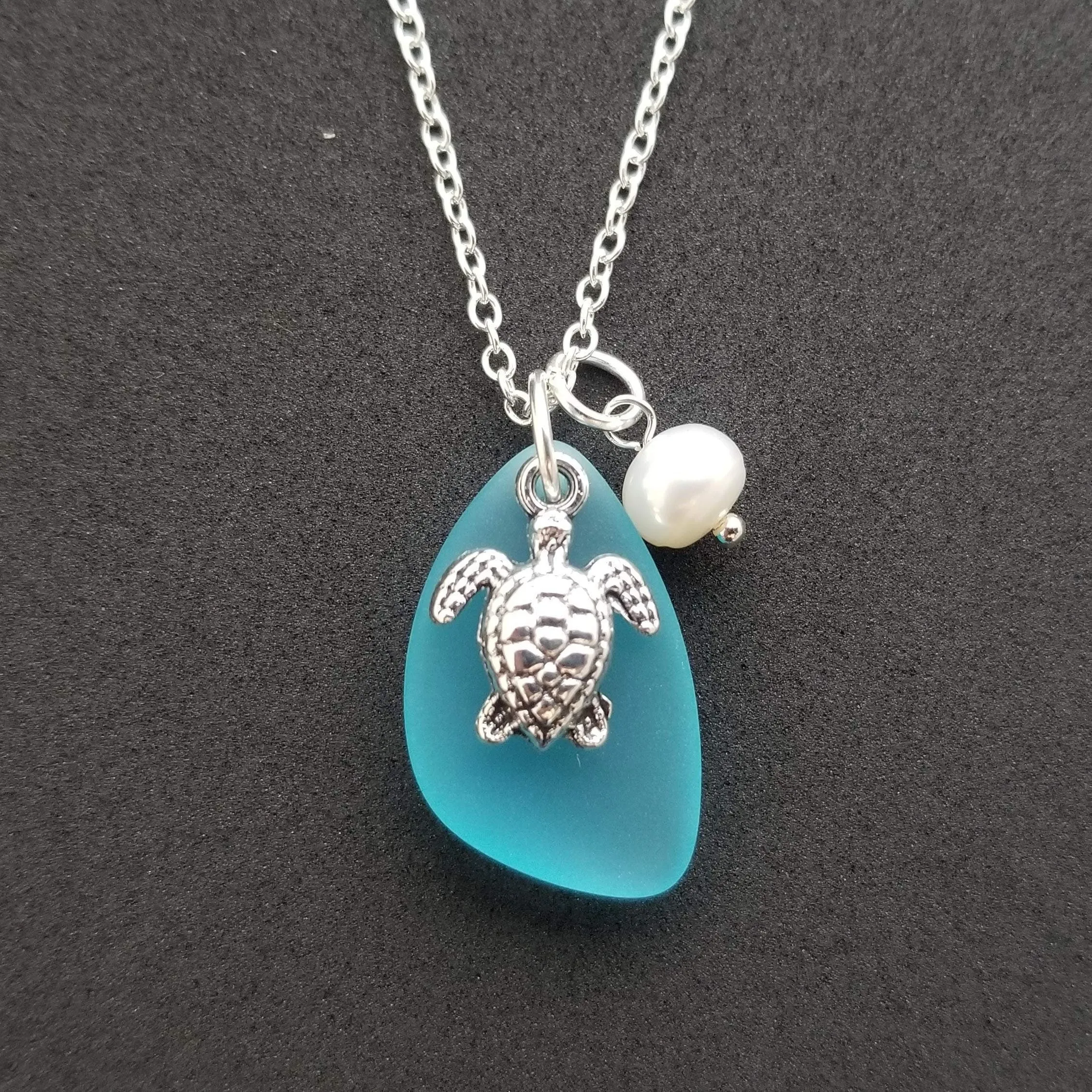 Hawaiian Jewelry Sea Glass Necklace, Turtle Necklace Turquoise Blue Necklace, Beach Sea Glass Jewelry Birthday Gift (December Birthstone)