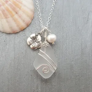 Hawaiian Jewelry Sea Glass Necklace, Wire Crystal Necklace Hibiscus Pearl Necklace, Sea Glass Jewelry Birthday Gift (April Birthstone Gift)