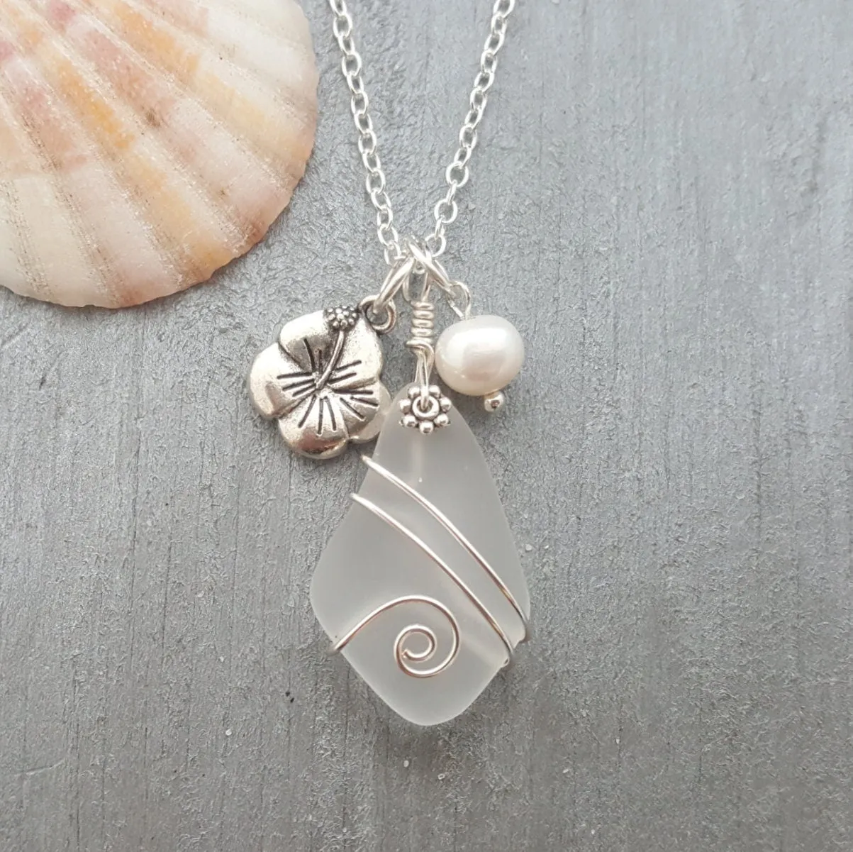 Hawaiian Jewelry Sea Glass Necklace, Wire Crystal Necklace Hibiscus Pearl Necklace, Sea Glass Jewelry Birthday Gift (April Birthstone Gift)
