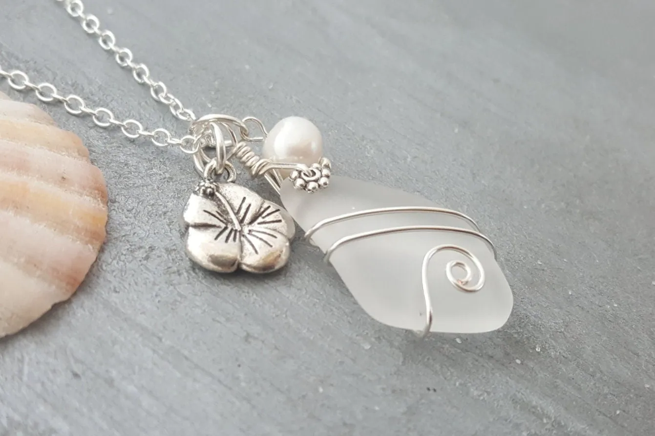 Hawaiian Jewelry Sea Glass Necklace, Wire Crystal Necklace Hibiscus Pearl Necklace, Sea Glass Jewelry Birthday Gift (April Birthstone Gift)