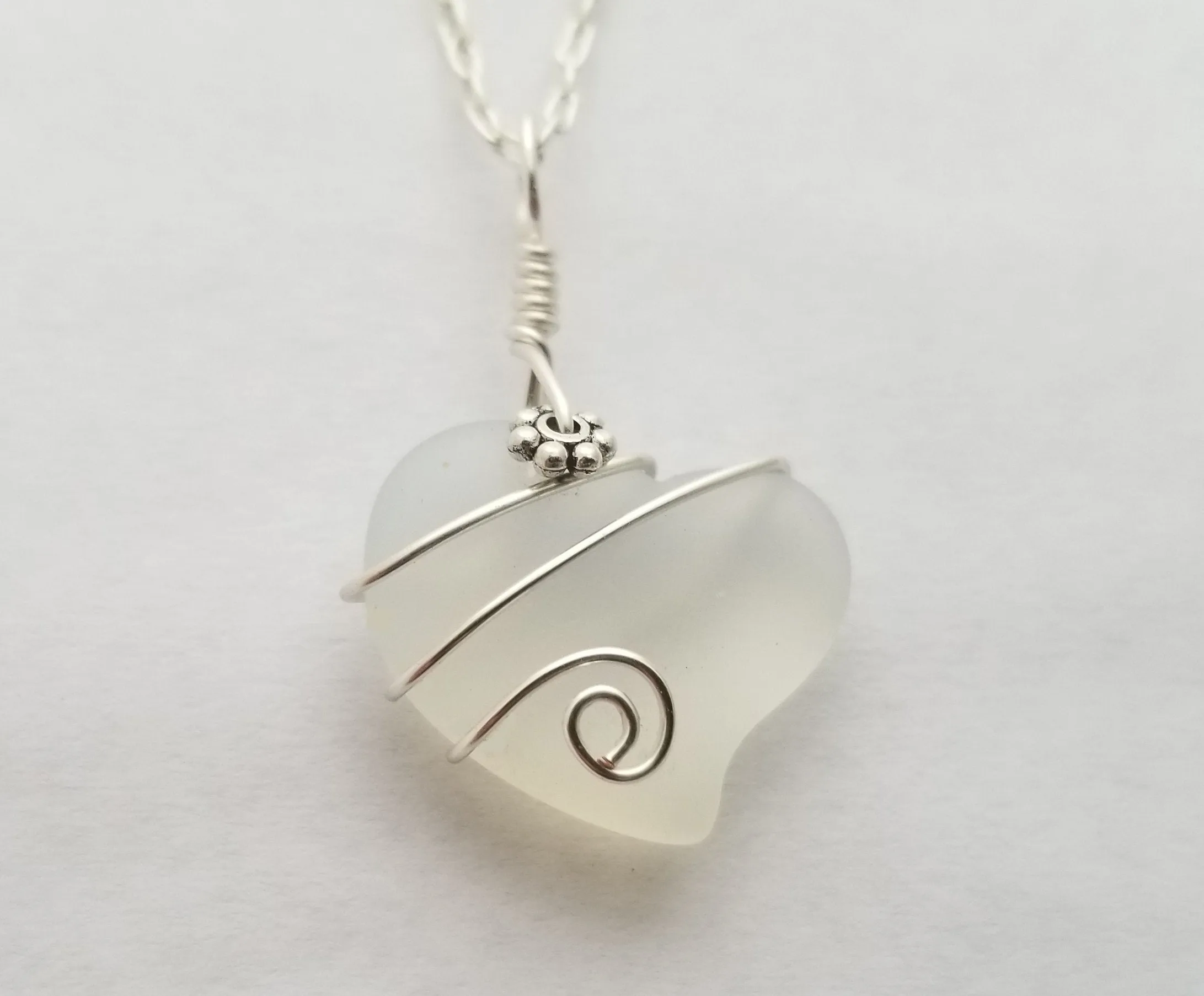 Hawaiian Jewelry Sea Glass Necklace, Wire Heart Necklace Moonstone Necklace, Unique Beach Jewelry Birthday Gift (June Birthstone Jewelry)