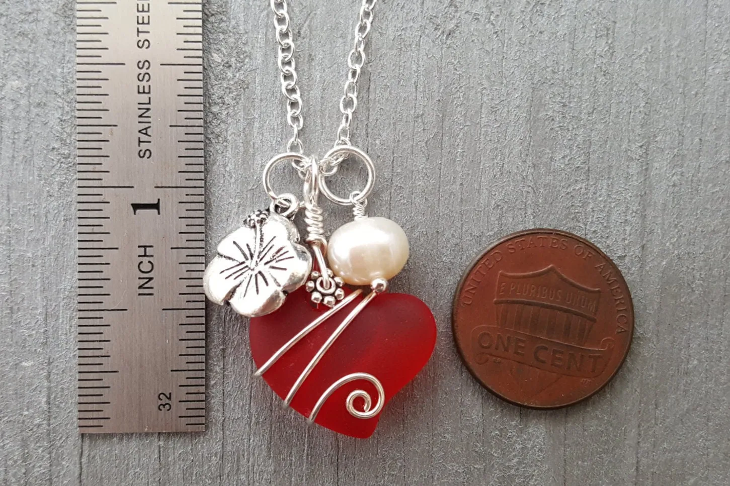 Hawaiian Jewelry Sea Glass Necklace, Wire Red Necklace Heart Necklace, Hibiscus Pearl Necklace, Beach Jewelry (January Birthstone Jewelry)