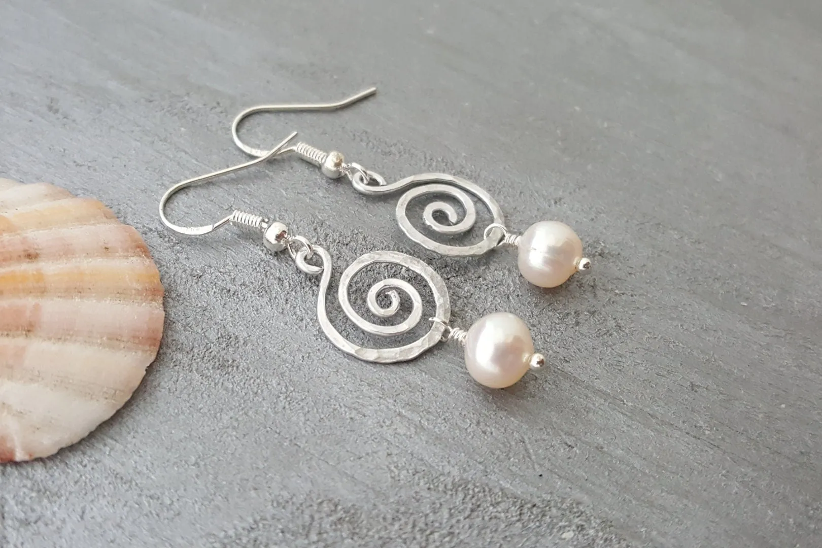 Hawaiian Jewelry Unique Earrings, Hammered Wire Natural Pearl Earrings, Beach Jewelry Birthday Gift For Women (June Birthstone Jewelry)