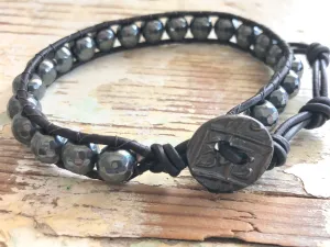Hematite Black Leather Wrap Bracelet