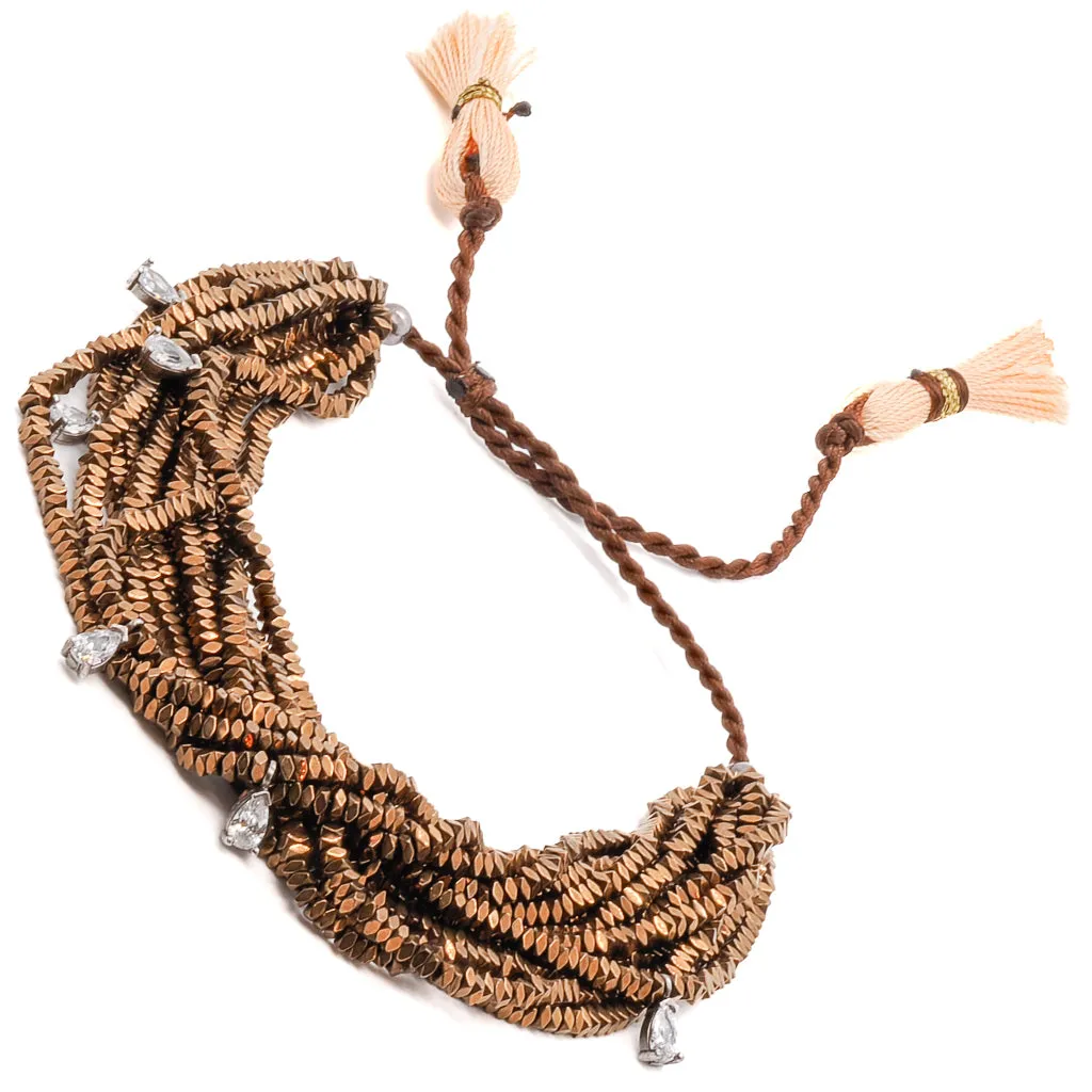 Hematite Stone & Diamond Multi Strand Brown Adjustable Bracelet
