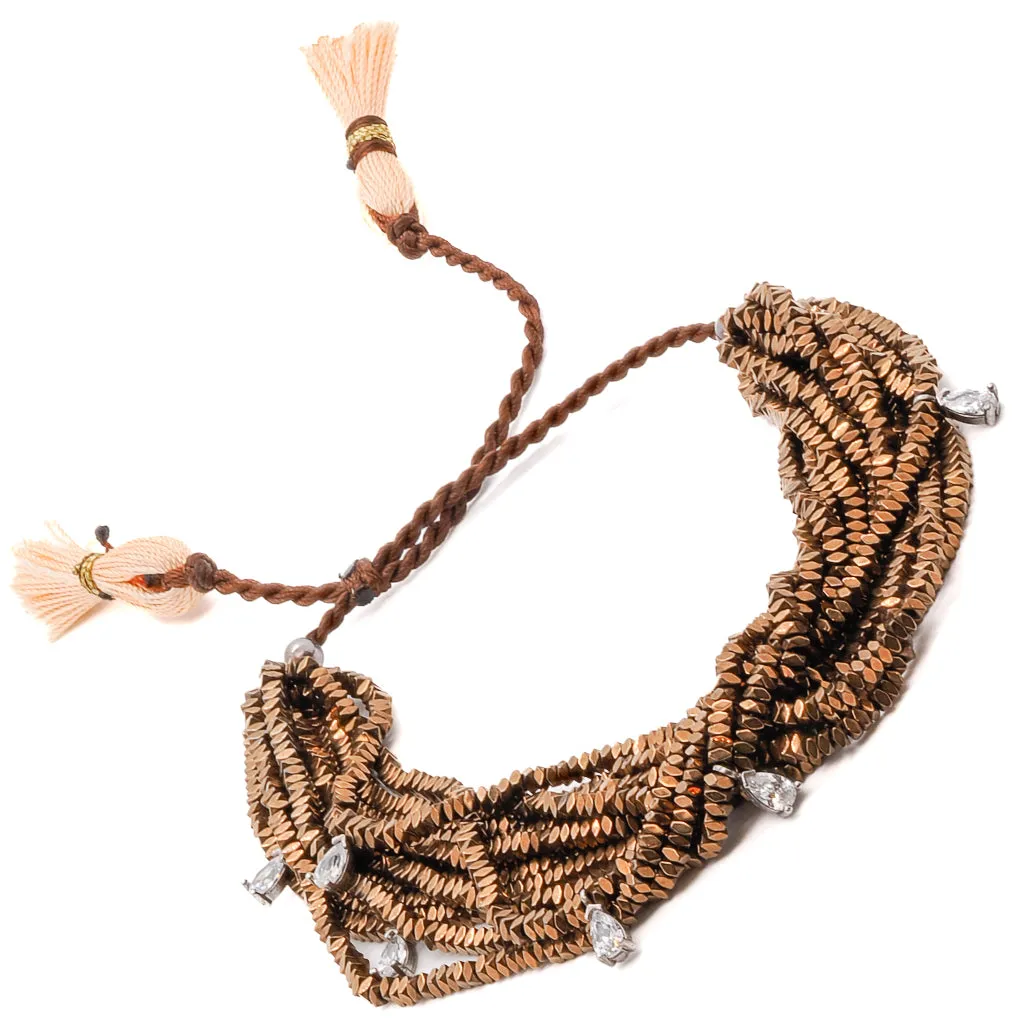 Hematite Stone & Diamond Multi Strand Brown Adjustable Bracelet