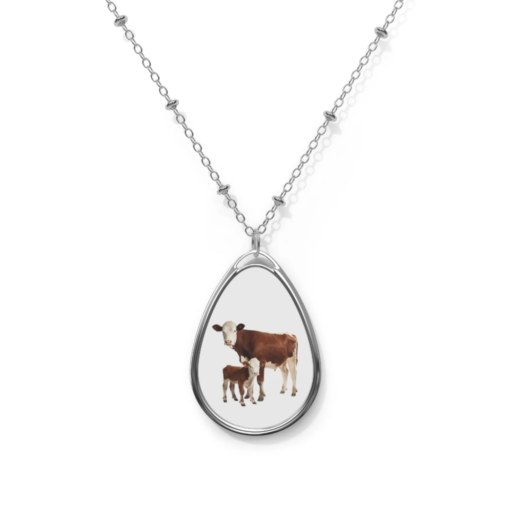 Hereford Cow Calf Pair Oval Necklace