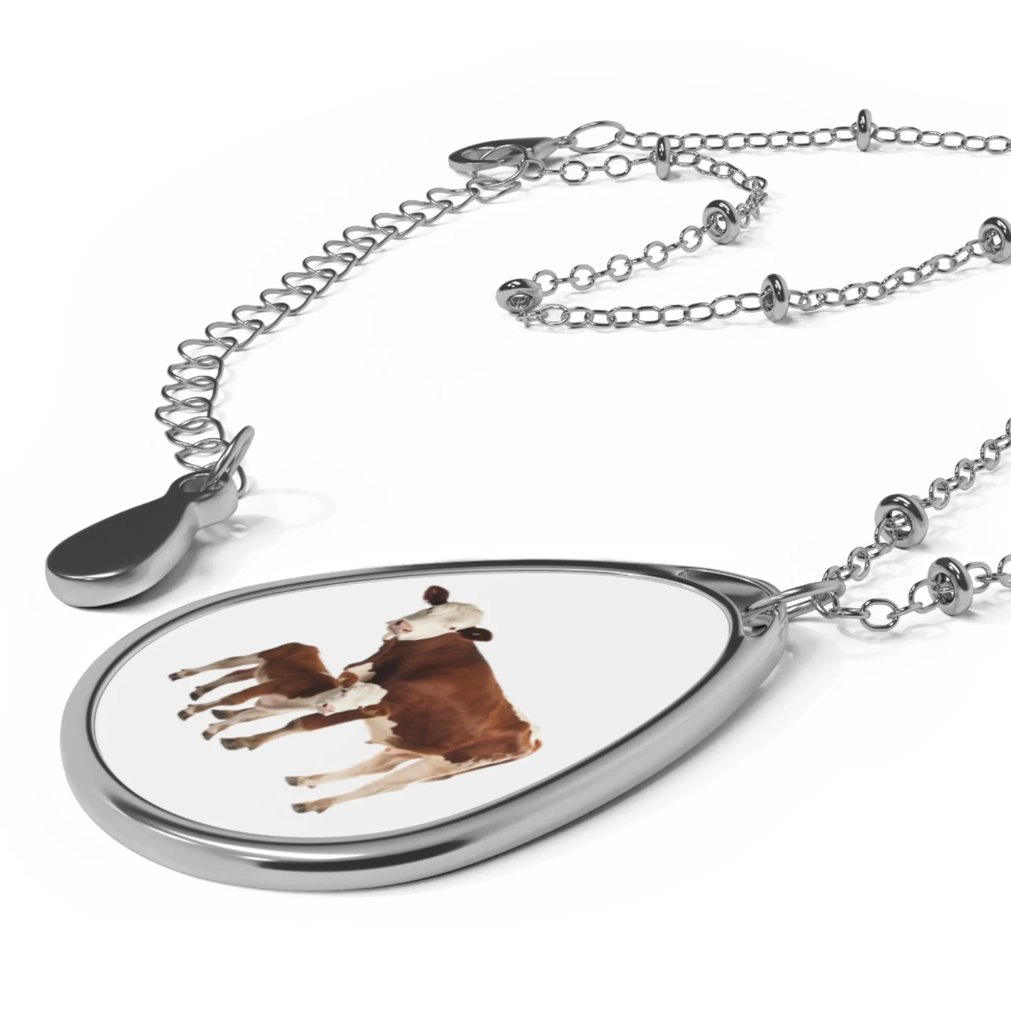 Hereford Cow Calf Pair Oval Necklace