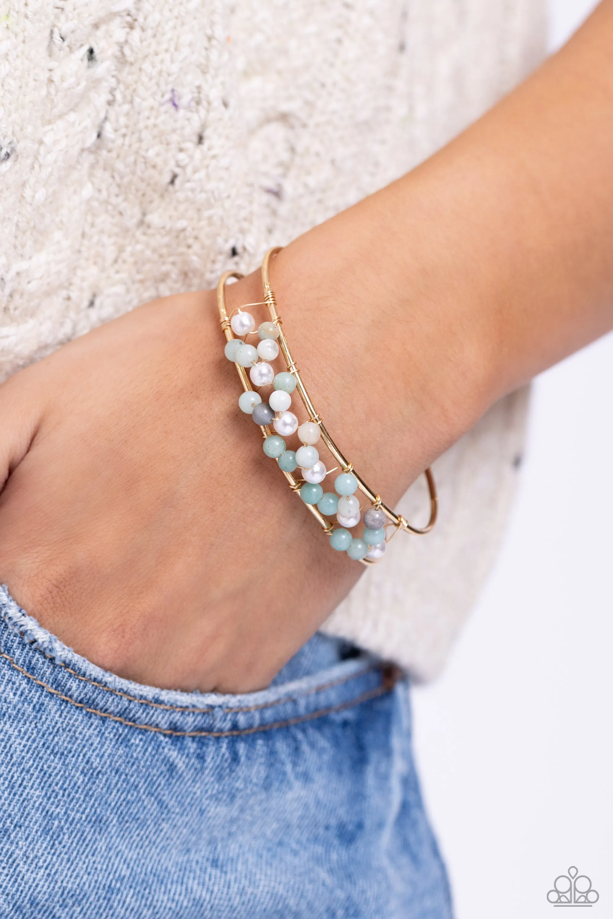 High-WIRE Hallmark - Gold - Blue Stone White Pearl Paparazzi Cuff Bracelet