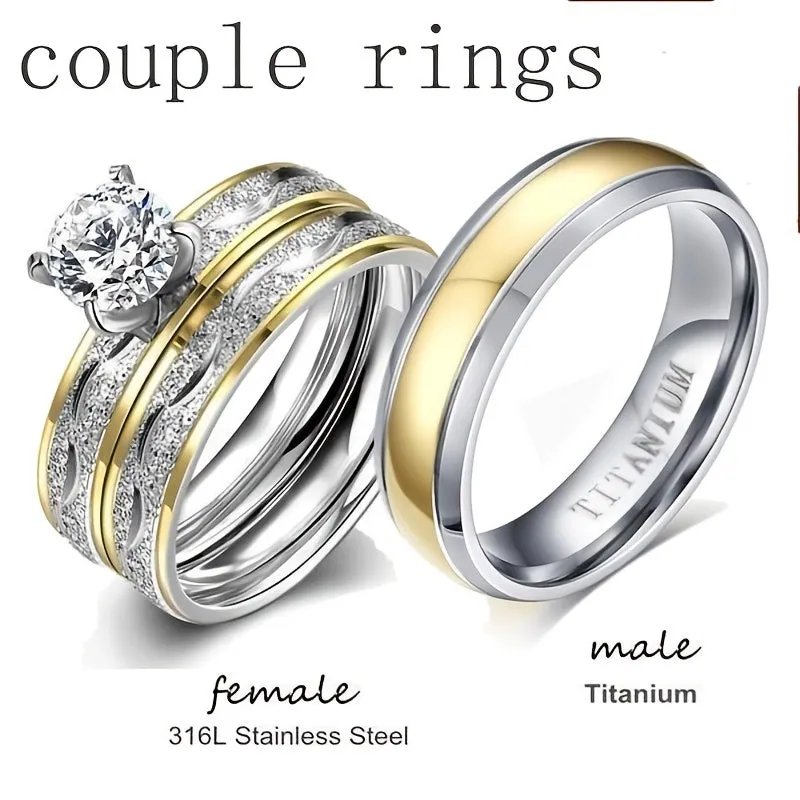 His & Hers Couple Wedding Ring Set Titanium Steel Women's 2Pcs Set & Men's Rings