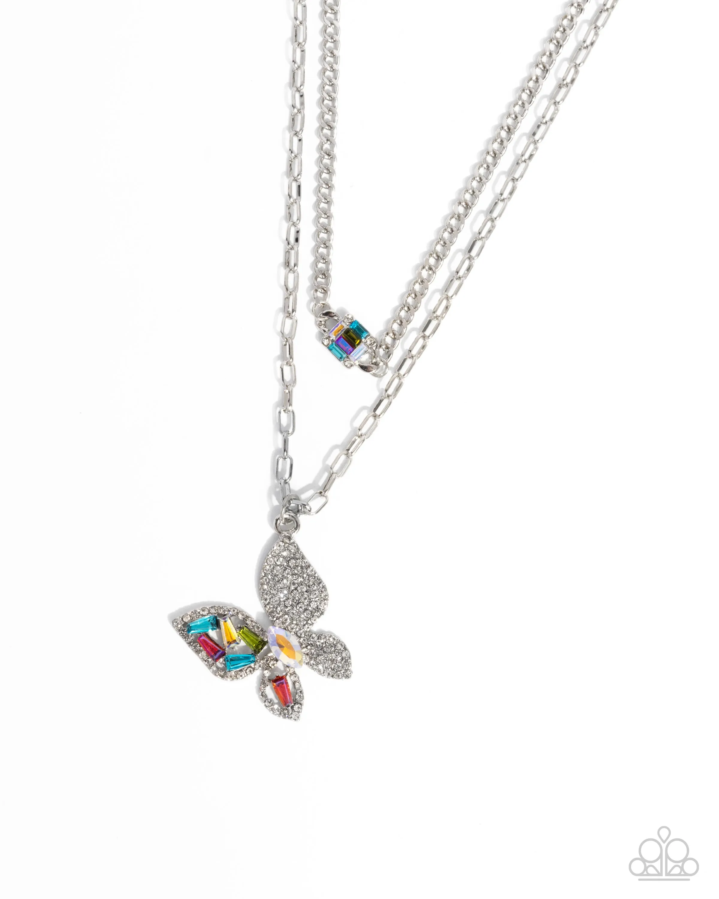 Hovering Headline - Multi - Colorful and Iridescent Rhinestone Tiered Encrusted Butterfly Paparazzi Short Necklace