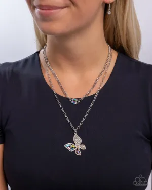 Hovering Headline - Multi - Colorful and Iridescent Rhinestone Tiered Encrusted Butterfly Paparazzi Short Necklace