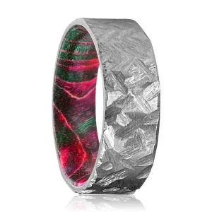HUBER | Green and Red Wood, Silver Titanium Ring, Hammered, Flat