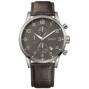 HUGO BOSS Aeroliner Brown Leather Strap Grey Dial Chronograph Quartz Watch for Gents - HUGO BOSS 1512570