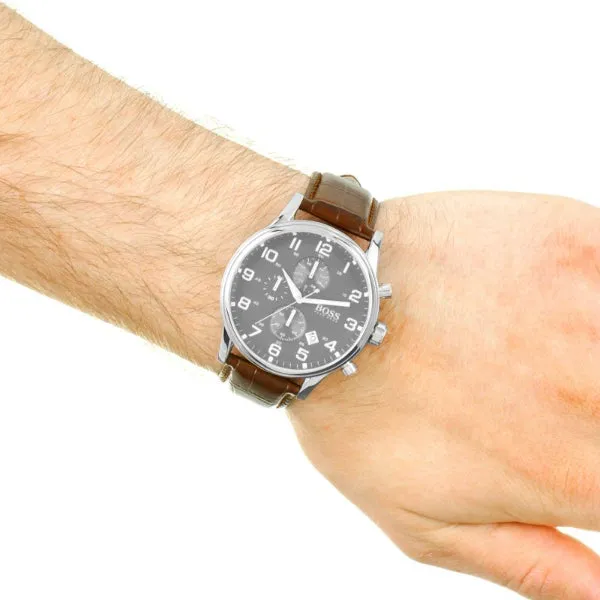HUGO BOSS Aeroliner Brown Leather Strap Grey Dial Chronograph Quartz Watch for Gents - HUGO BOSS 1512570