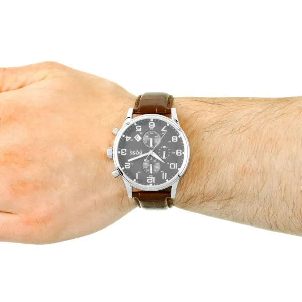 HUGO BOSS Aeroliner Brown Leather Strap Grey Dial Chronograph Quartz Watch for Gents - HUGO BOSS 1512570