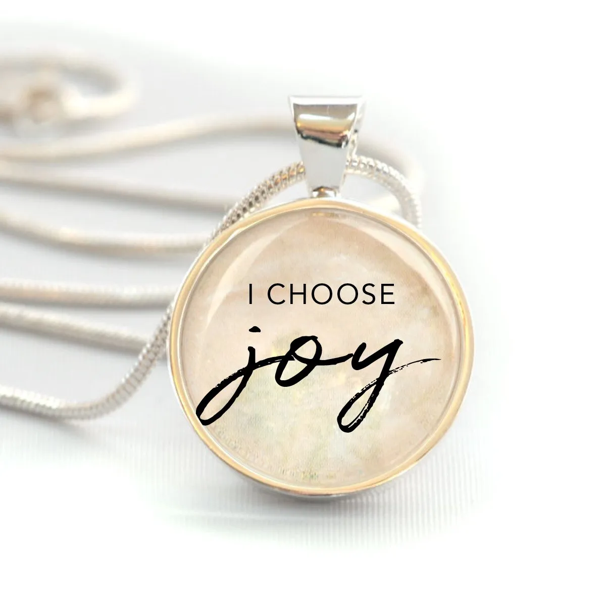 I Choose Joy Silver-Plated Christian Pendant Necklaces - Available in 16mm and 20mm Sizes with Lobster Claw Clasp and Neutral/Multicolored Background.