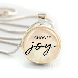 I Choose Joy Silver-Plated Christian Pendant Necklaces - Available in 16mm and 20mm Sizes with Lobster Claw Clasp and Neutral/Multicolored Background.