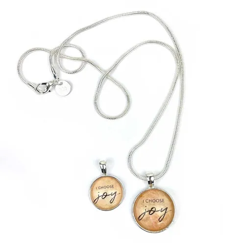 I Choose Joy Silver-Plated Christian Pendant Necklaces - Available in 16mm and 20mm Sizes with Lobster Claw Clasp and Neutral/Multicolored Background.