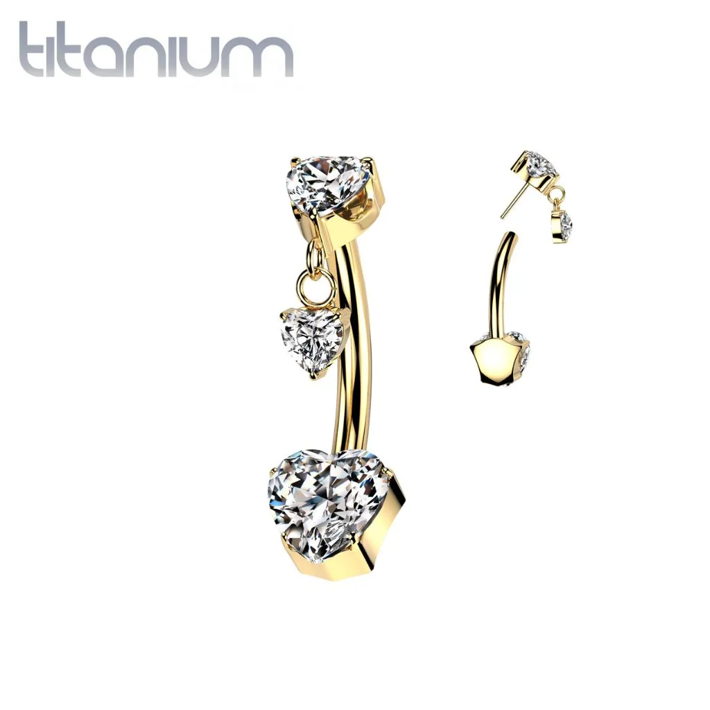 Implant Grade Titanium Gold PVD Threadless Push In White CZ Heart Dangle Belly Ring