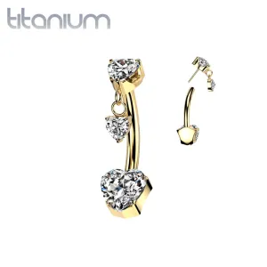 Implant Grade Titanium Gold PVD Threadless Push In White CZ Heart Dangle Belly Ring