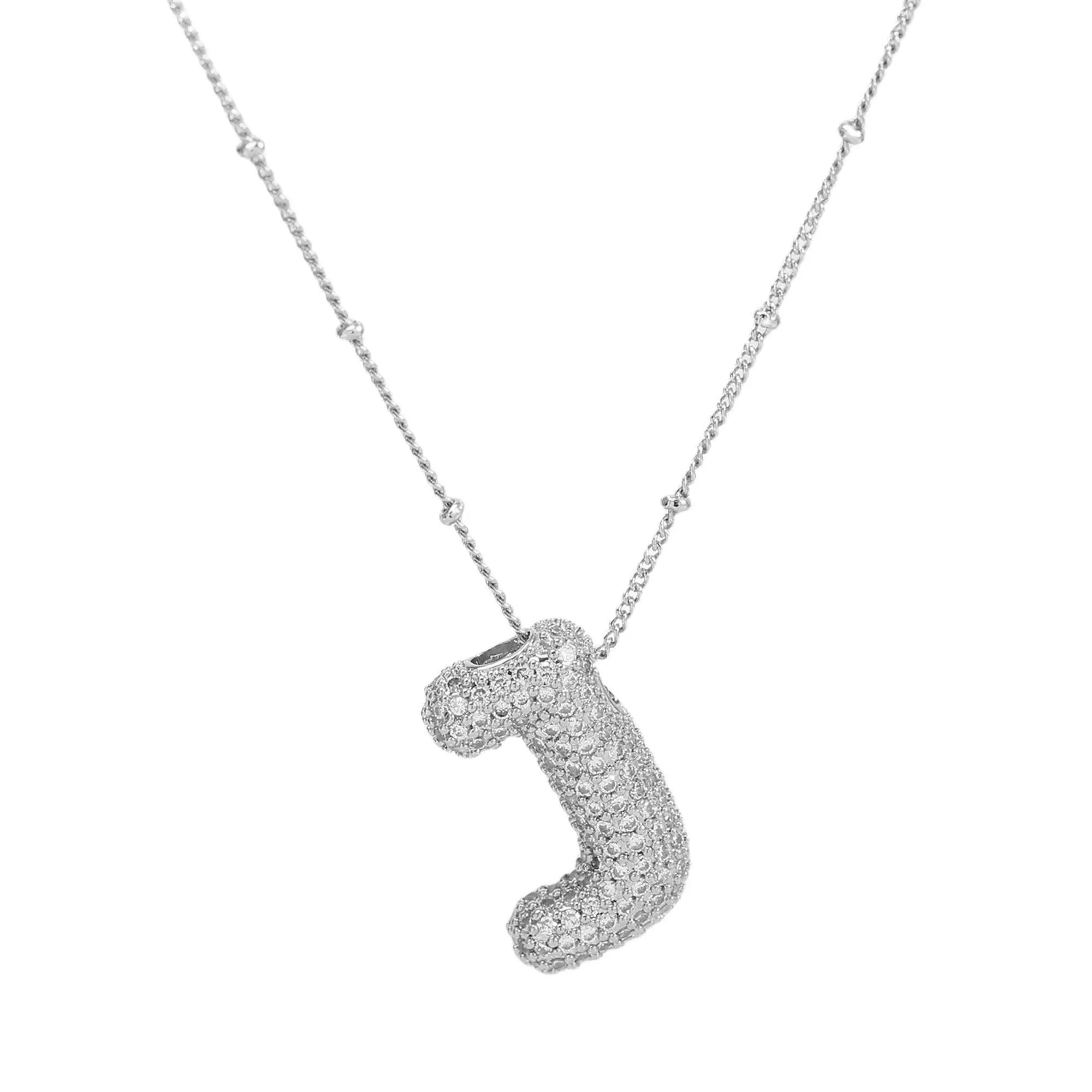 Initial CZ Balloon Bubble Sterling Silver Necklace: T