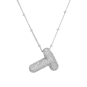 Initial CZ Balloon Bubble Sterling Silver Necklace: T