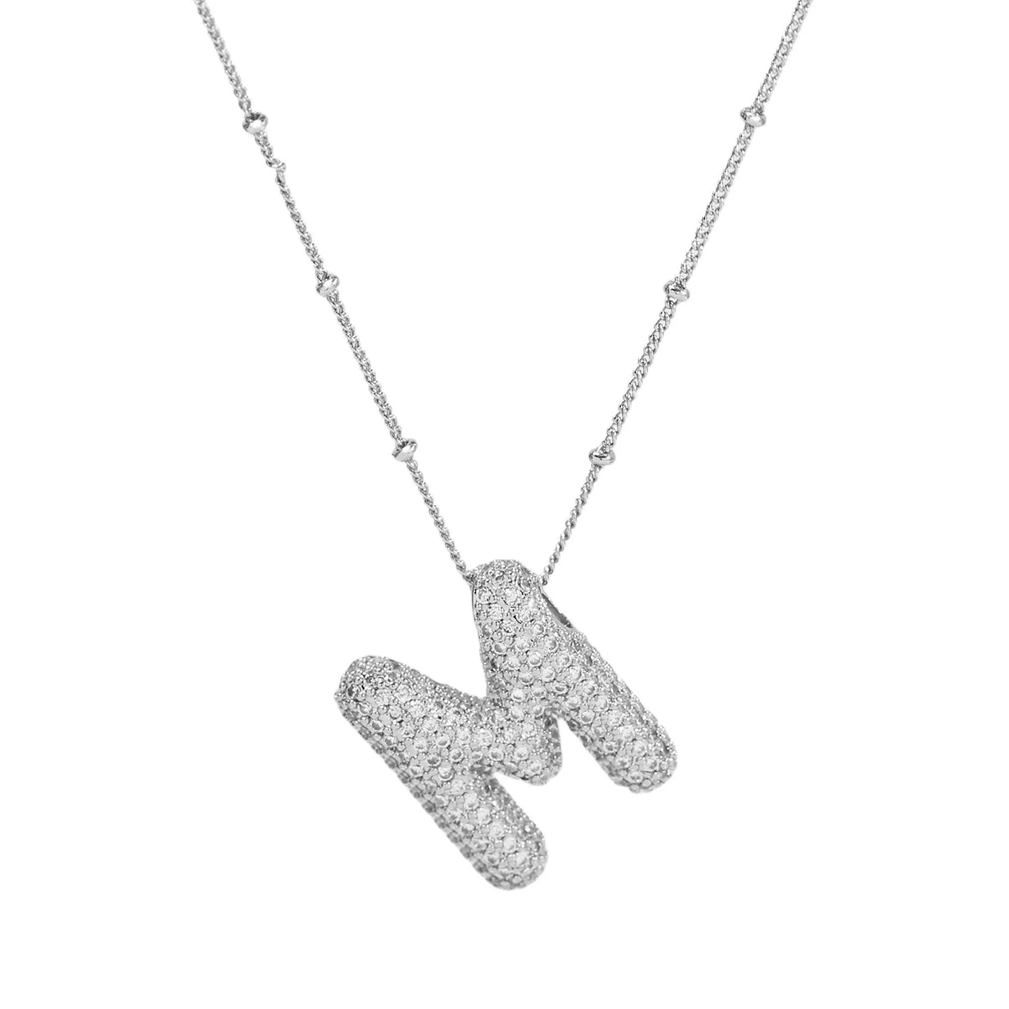 Initial CZ Balloon Bubble Sterling Silver Necklace: T