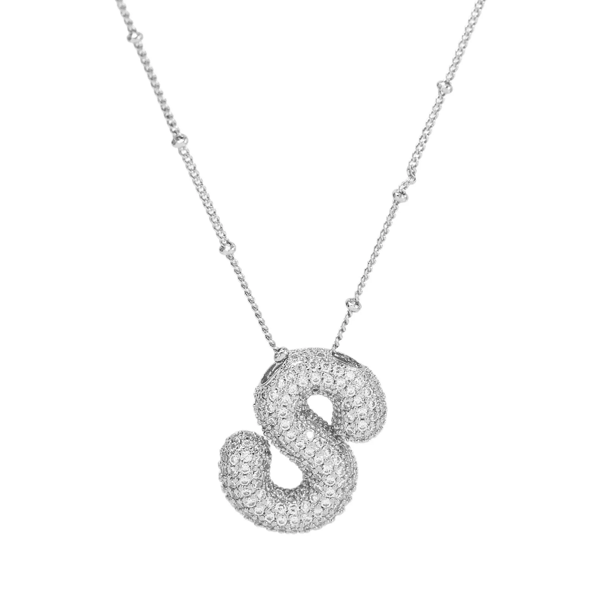 Initial CZ Balloon Bubble Sterling Silver Necklace: T