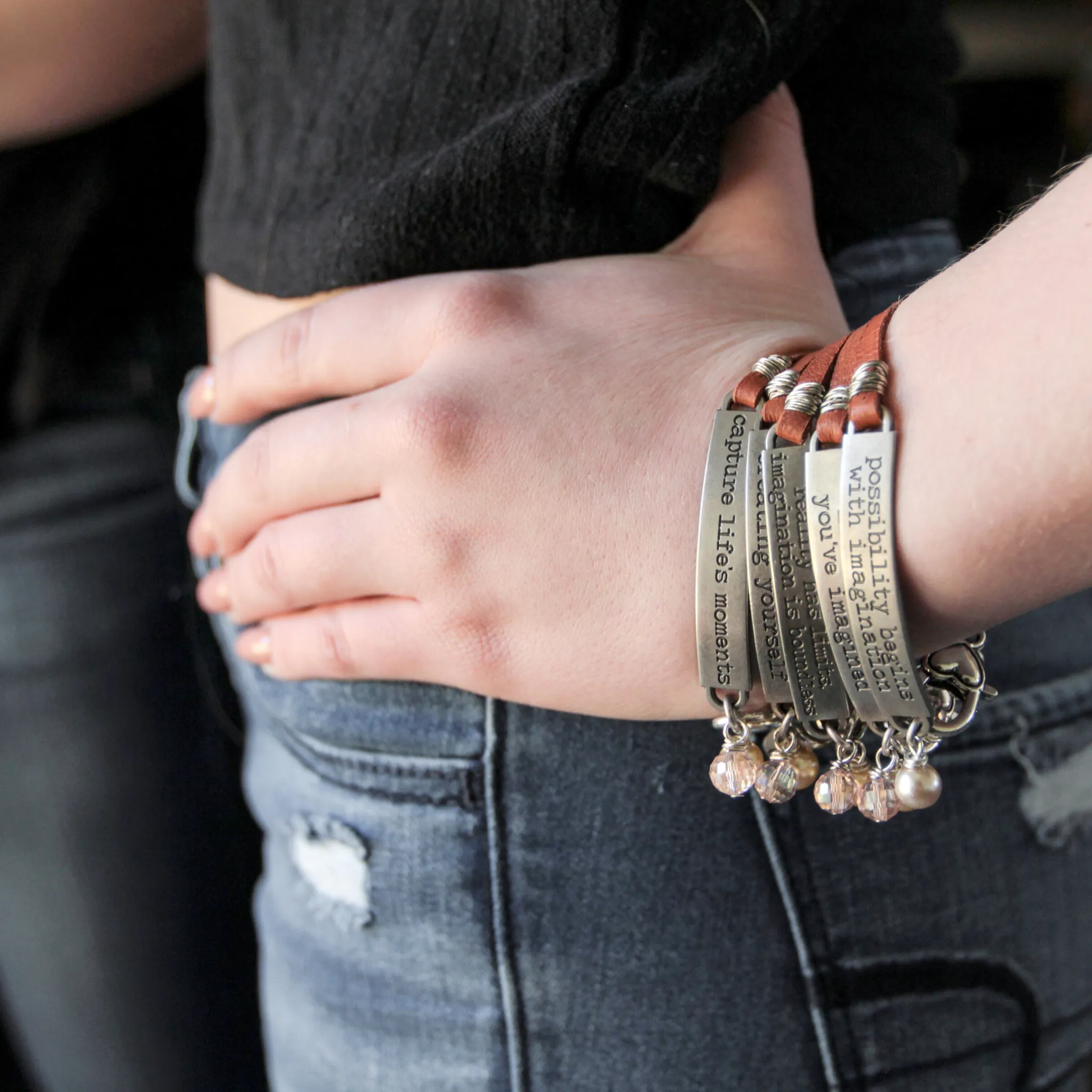 Inspirational Quote Bracelet, Tan Leather