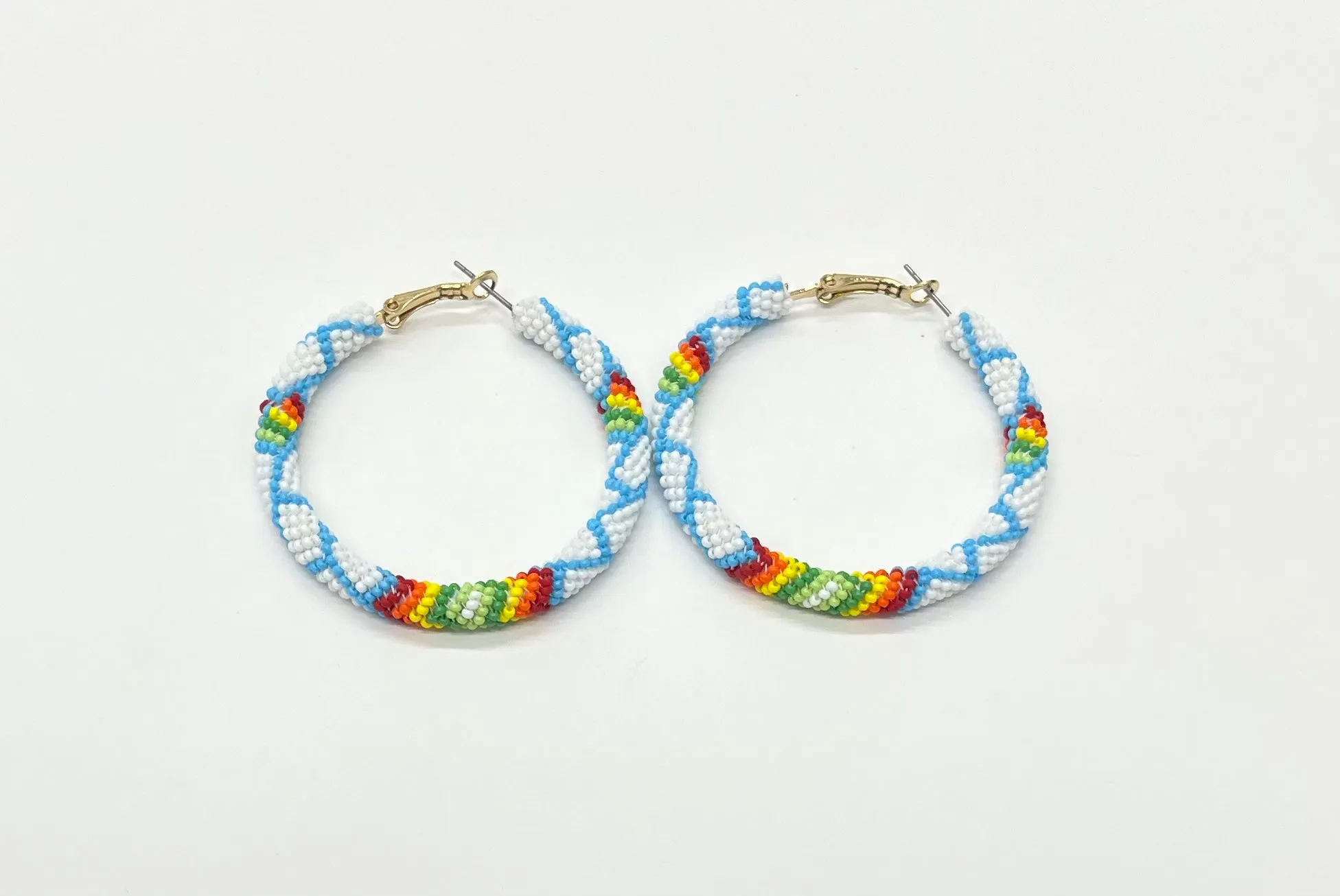 Large Beaded Hoop Earrings; White and Baby Blue