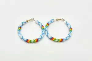 Large Beaded Hoop Earrings; White and Baby Blue