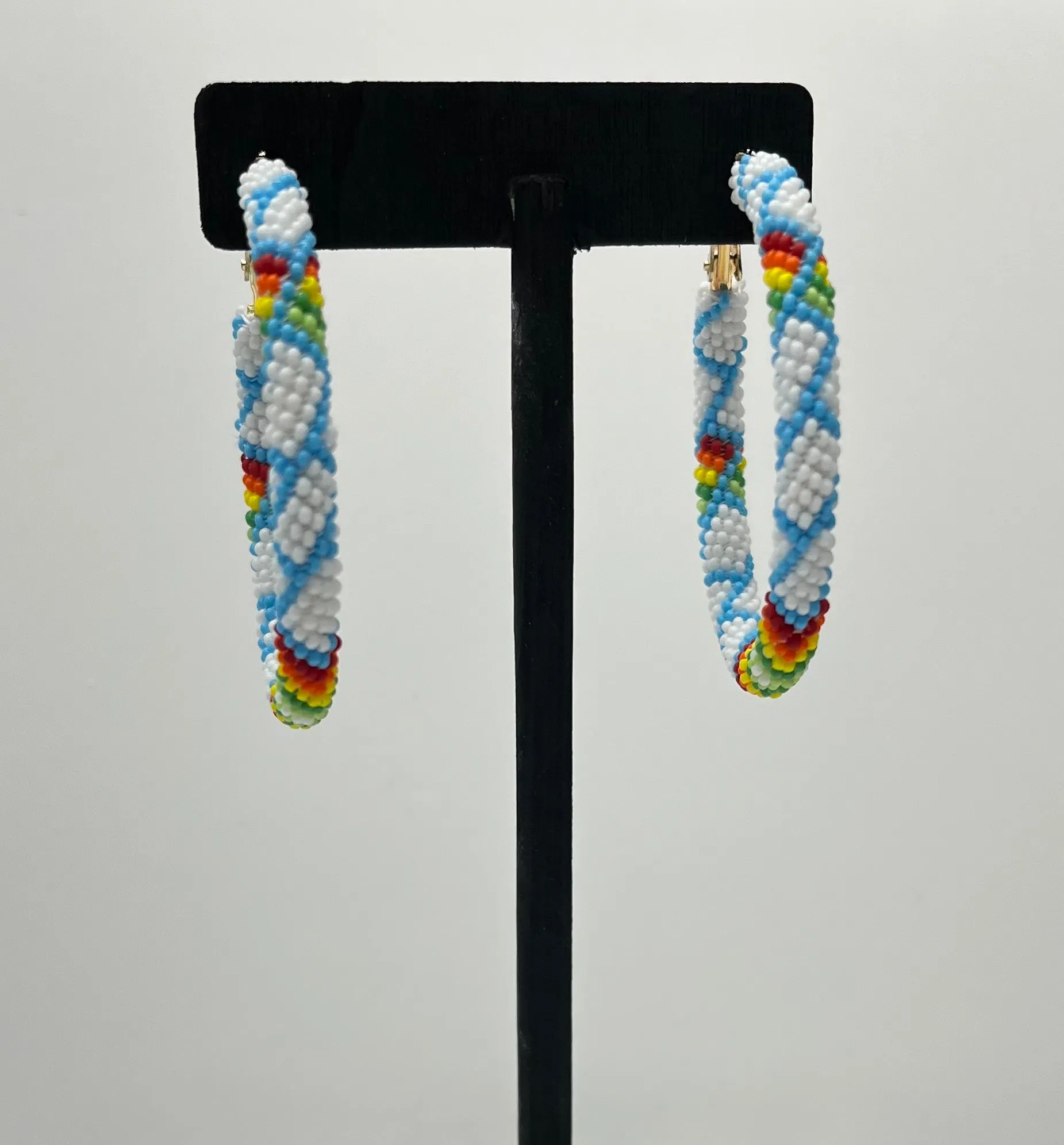 Large Beaded Hoop Earrings; White and Baby Blue