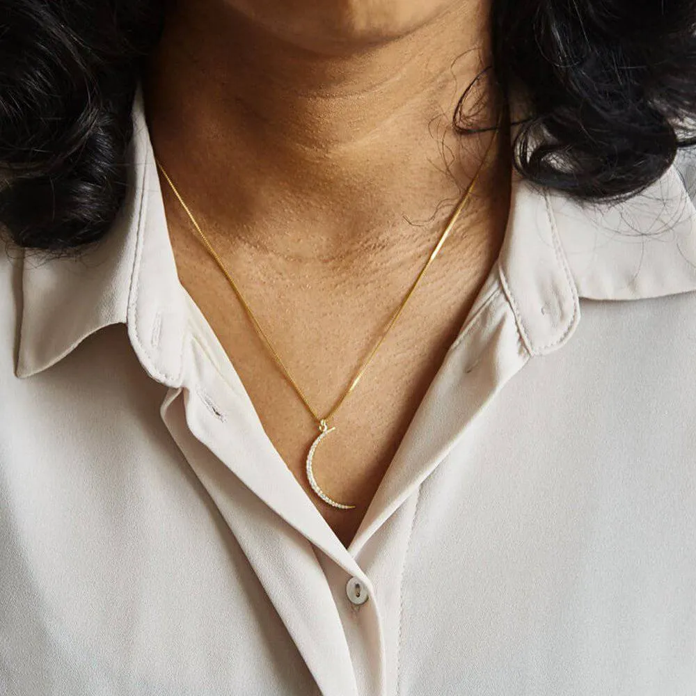 Large Pavé Crescent Moon Necklace