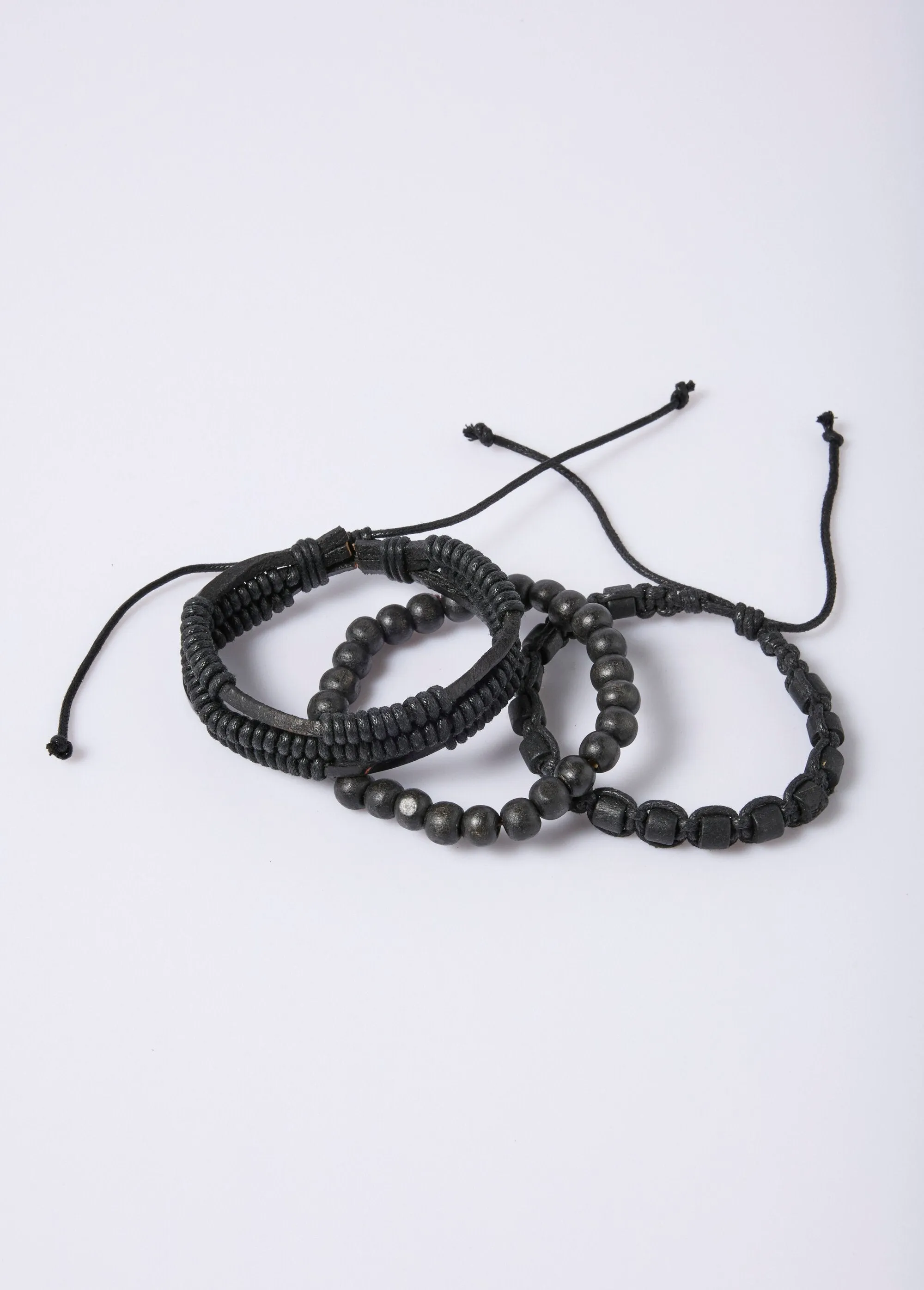 Leather, rope and wooden bead bracelets